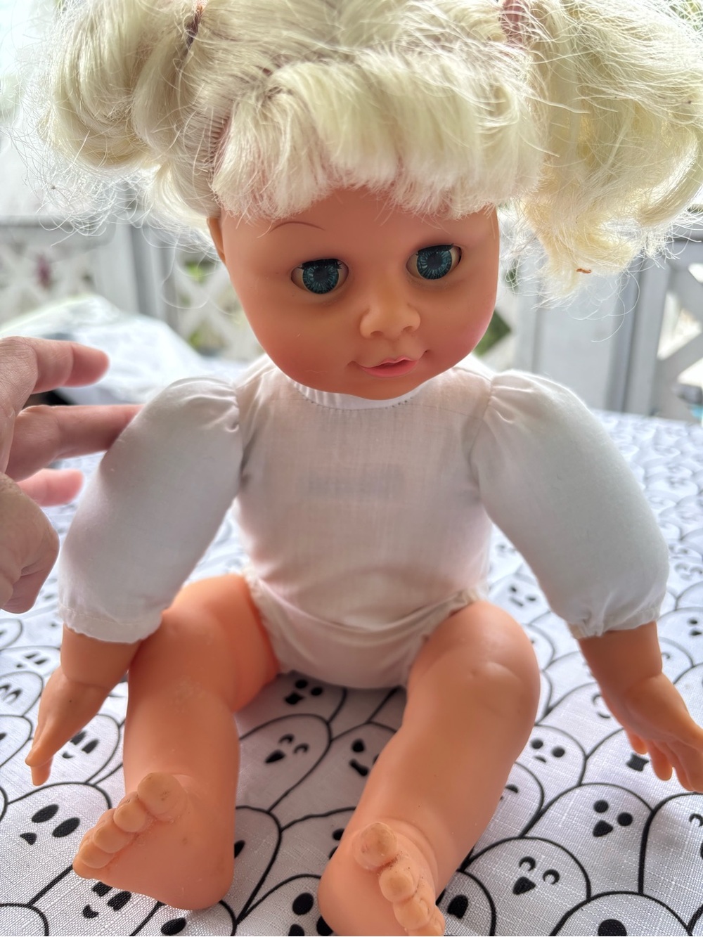 Blonde Blue Eyed Baby Doll in White Outfit Eyes open and close - Kids Toys